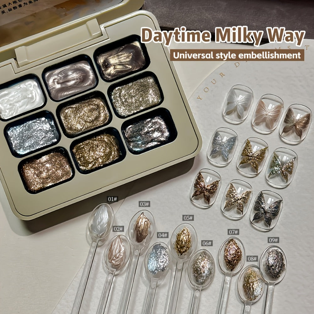 Shimmer Nail Art Gel Nine-Color Grid Palette with Metallic Neutral or Milky Way Color Selection