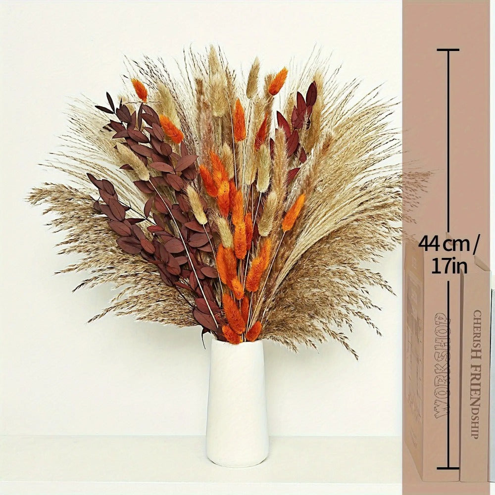 Artificial Pampas-Style Bouquet, 72-Piece 17-Inch Autumn Mix with Feathery, Reed and Leaf Stems