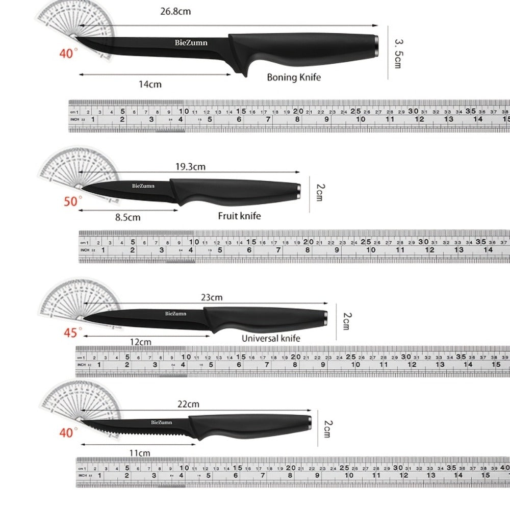 Black Kitchen Knife Set with Three-Piece or 14-Piece Options, Storage Block and Scissors on Larger Package