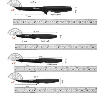 Black Kitchen Knife Set with Three-Piece or 14-Piece Options, Storage Block and Scissors on Larger Package