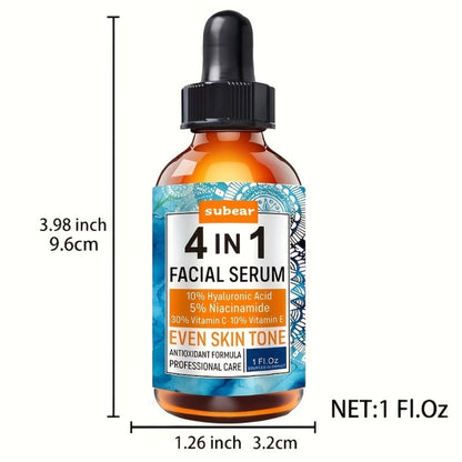 Face Serum 4-Piece Set with 30ml Hyaluronic Acid, Niacinamide, Vitamin C and Vitamin E Dropper Bottles