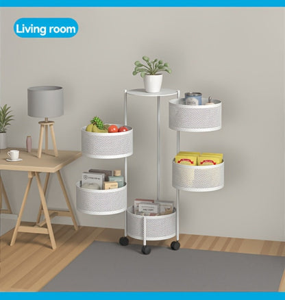 Round-Basket Rolling Storage Rack with Four or Five Mesh Levels, Caster Base and Black or White Finish