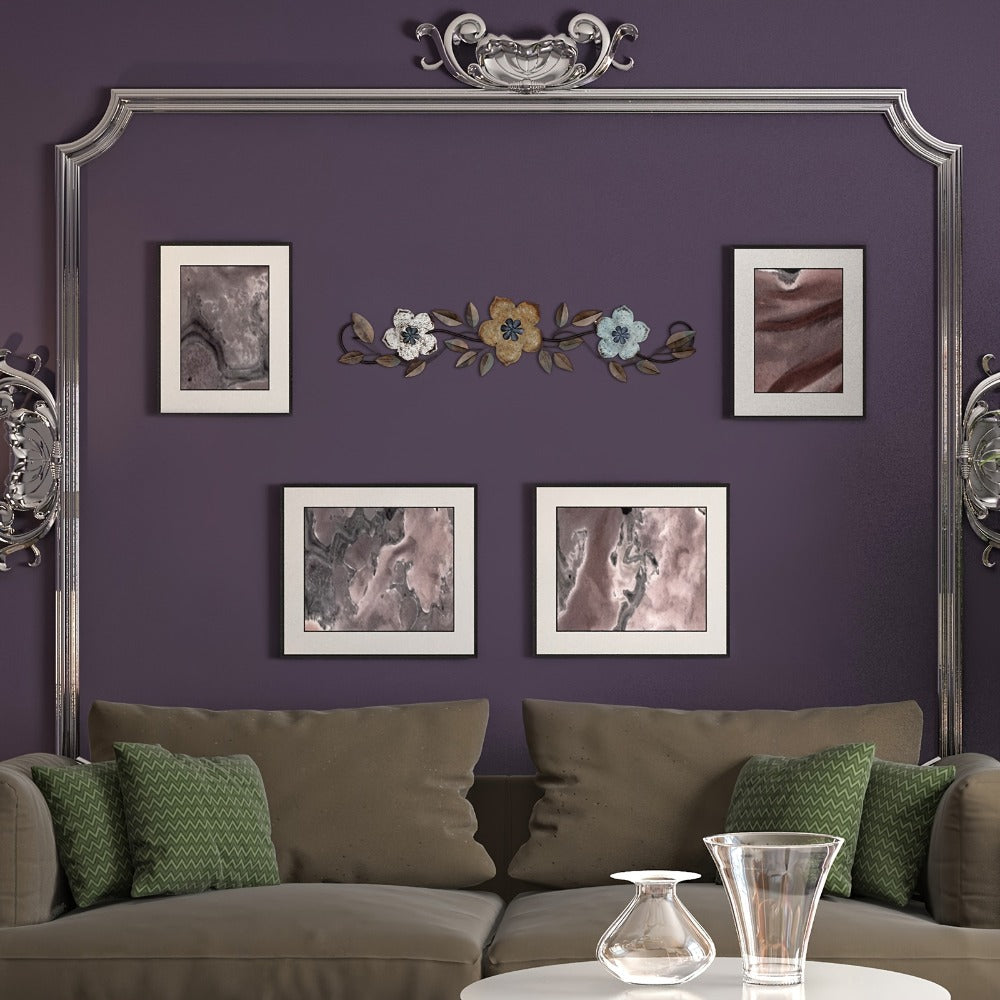Metal Flower Wall Decor with 15.75-Inch Horizontal Teal, White and Metallic Floral Scroll Design