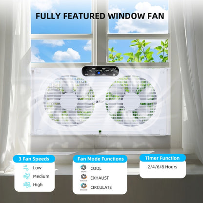 Window Fan 9 Inch Twin Expandable Dual Fan, 3-Speed with Remote Control or Manual Control for Home Cooking, Dining and Outdoor Meals
