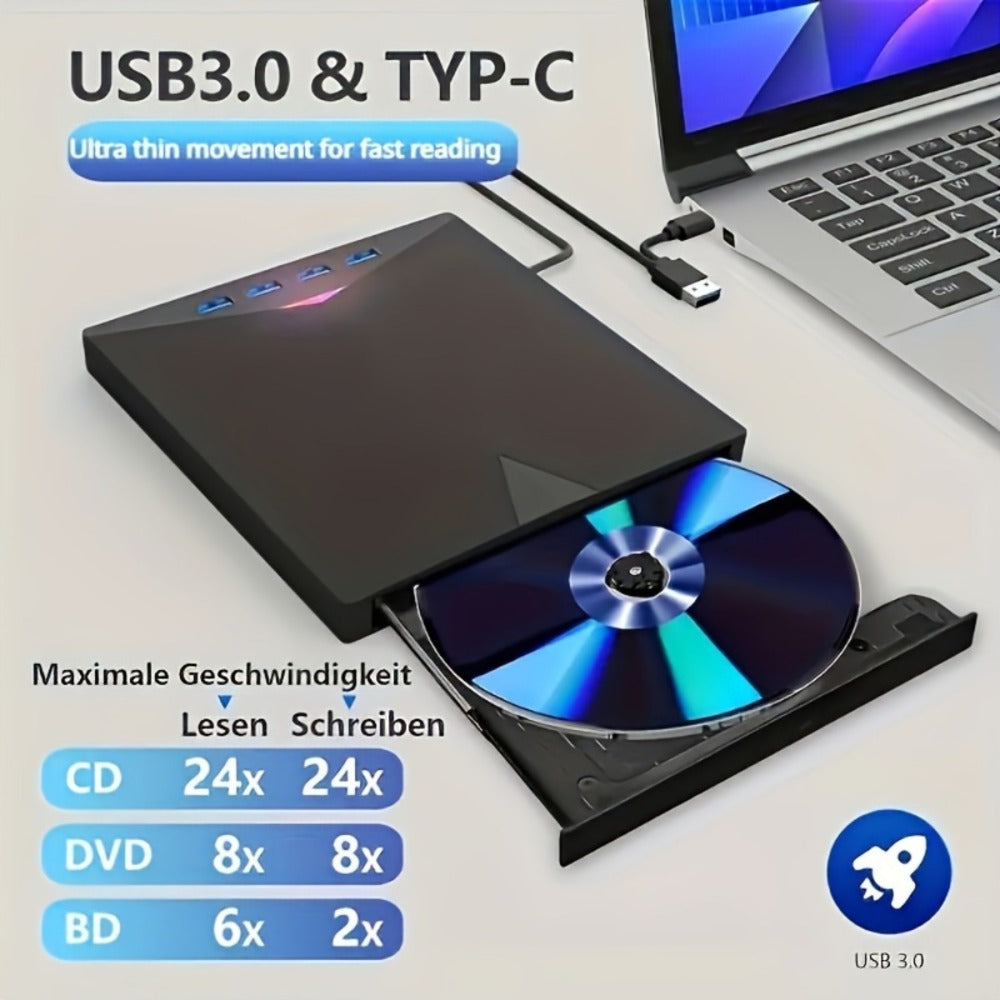7-in-1 External DVD Drive USB 3.0 with 4 USB Ports & Dual TF/SD Card Reader - High-Speed CD/DVD Burner for Laptop Mac PC, Compatible with Windows 11/10/8/7, Linux, Plug and Play, Office Travel