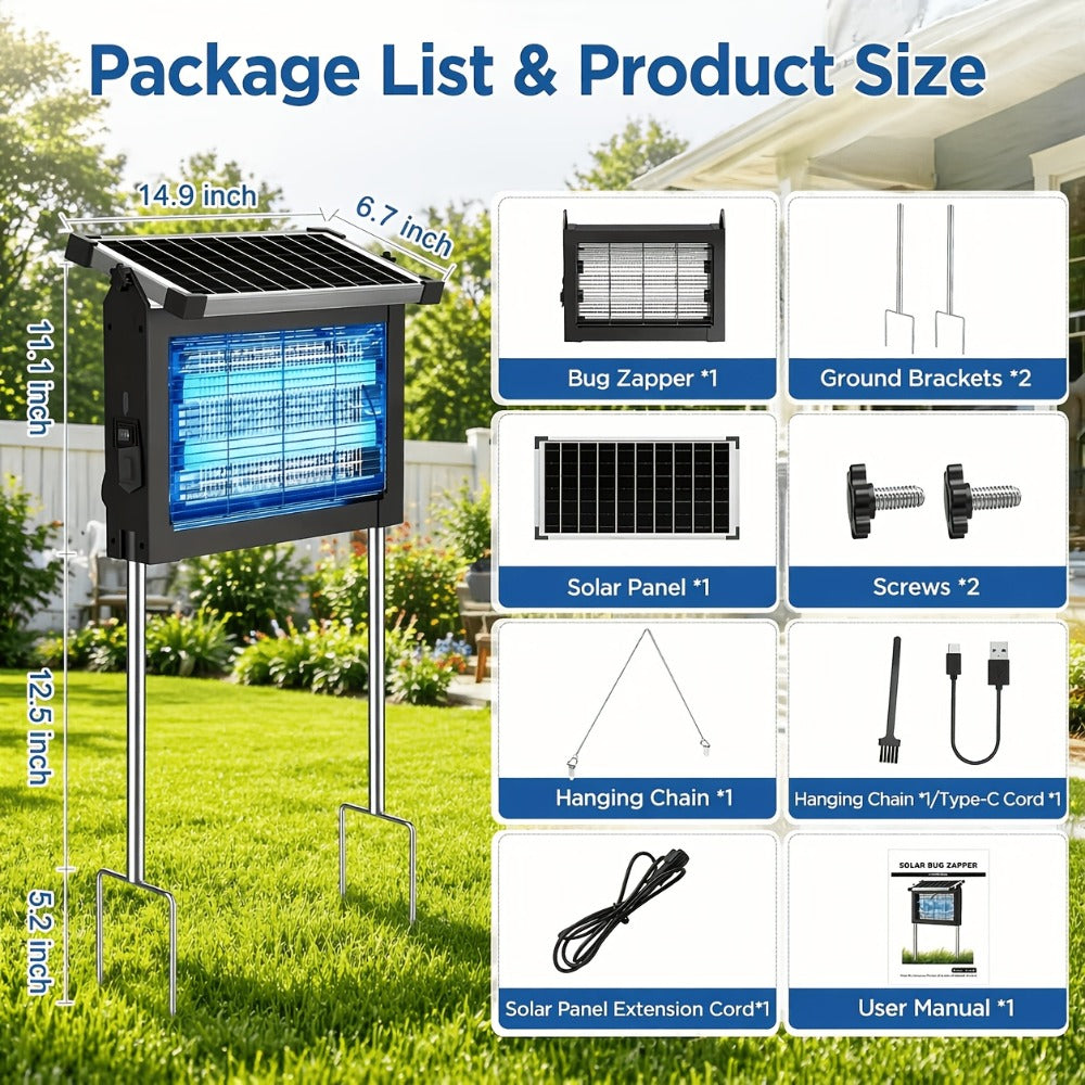 Solar Bug Zapper Pest Control Device with Adjustable Panel, Ground Stake, Wall Mount and USB-C Charging