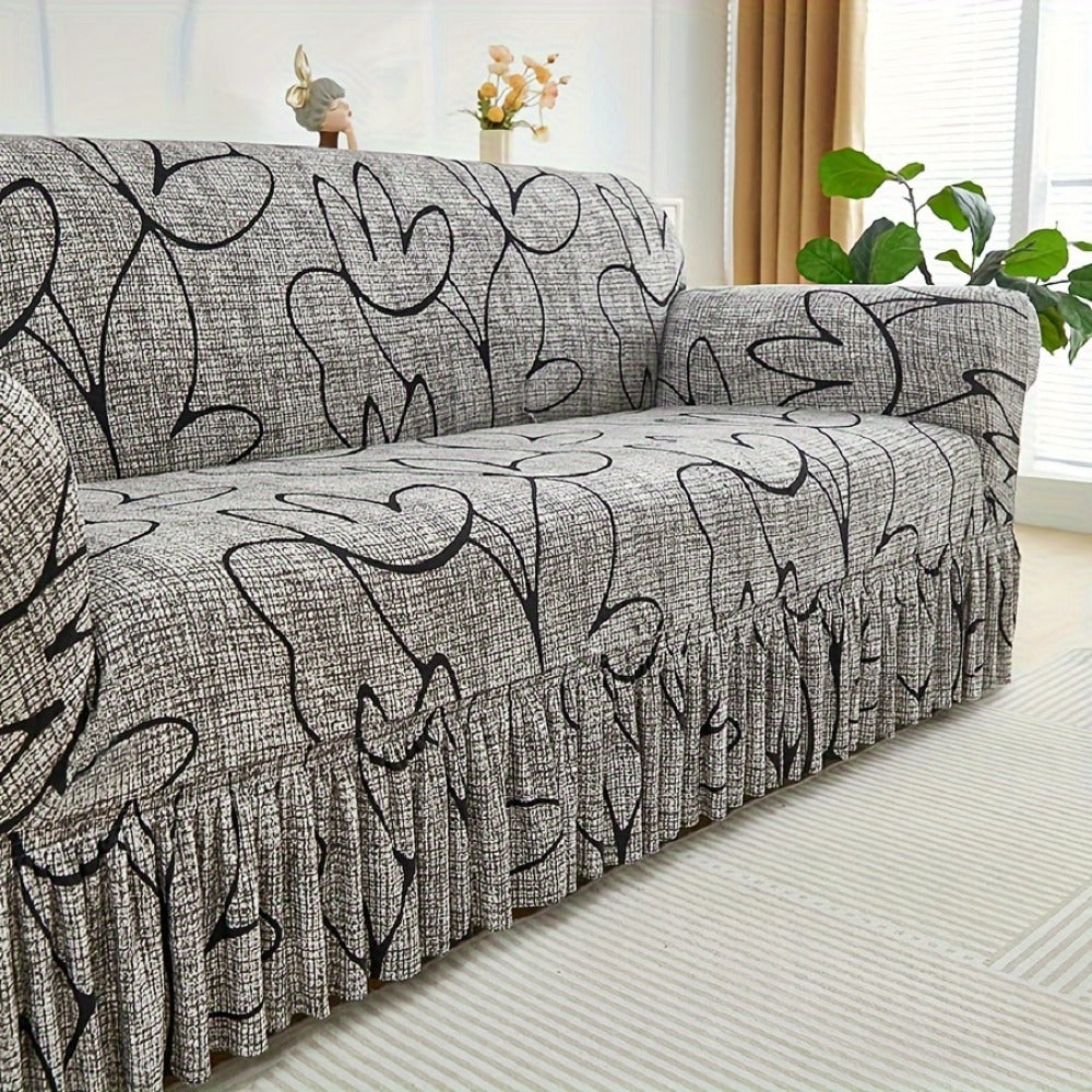 Sofa Cover Gray Printed Skirt Slipcover with Elastic Stretch Fit for 1, 2, 3 or 4-Seater Sofas