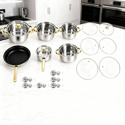 Stainless Steel Deep Pot Cookware Set 10 & 12 Piece with Lids & Dual Handles – Oven Safe Soup Hot Pot Pasta Seafood Stew Pots | Silver Pink Gold | Home Restaurant Cooking Gift Set