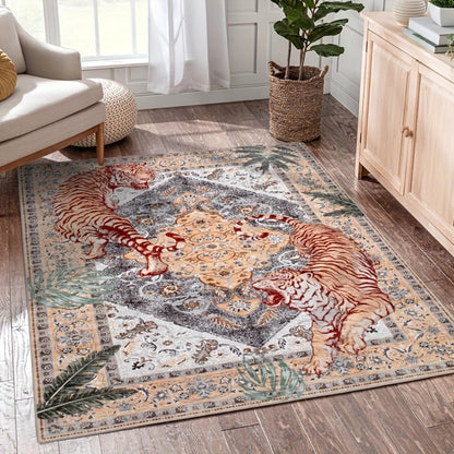 Area Rug, Tiger and Jungle Forest Print Ultra-Thin Indoor Carpet in Three Colors with Machine-Wash Care