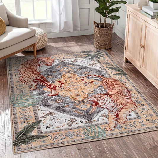 Area Rug, Tiger and Jungle Forest Print Ultra-Thin Indoor Carpet in Three Colors with Machine-Wash Care