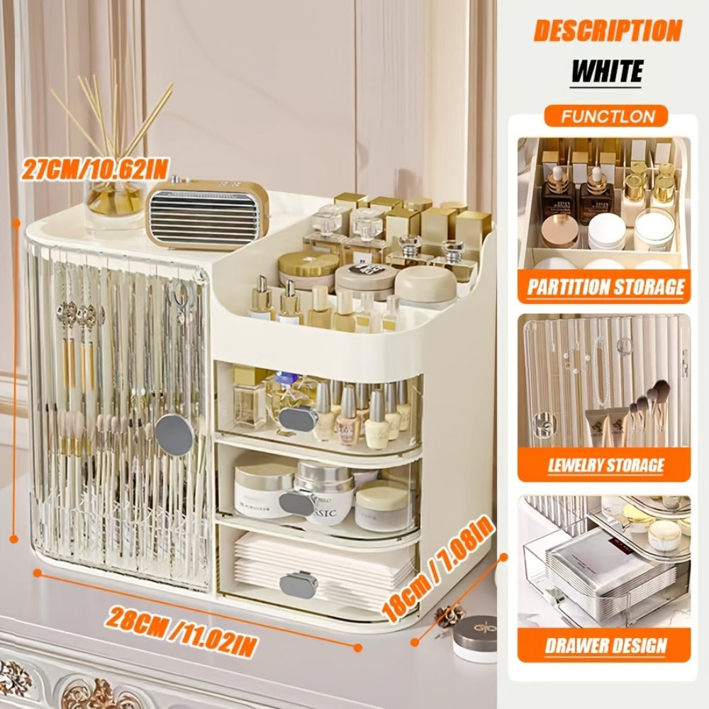 Three-Drawer Makeup Organizer with Mirror in Transparent Black or Cream White Large Checkout Options