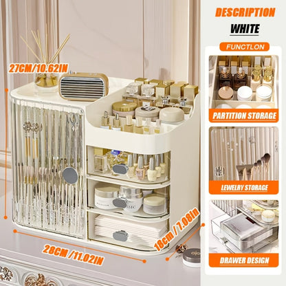 Three-Drawer Makeup Organizer with Mirror in Transparent Black or Cream White Large Checkout Options