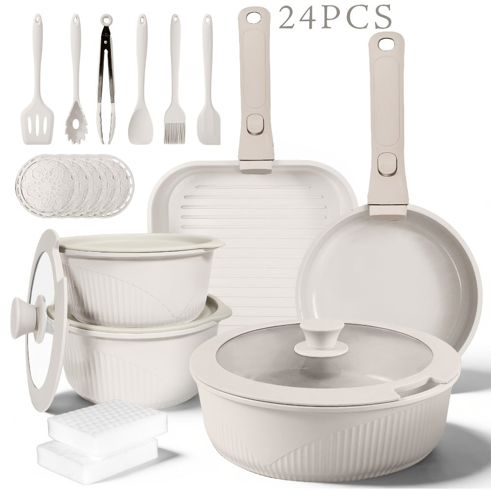 Detachable-Handle Cookware Set in 5-, 7- or 24-Piece Configurations with Stackable Pots, Pans and Lids