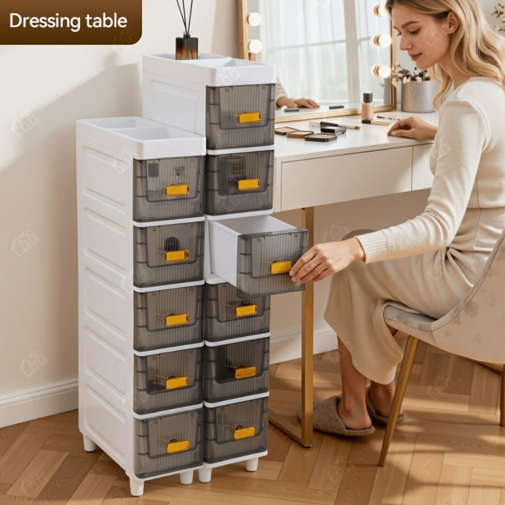 Storage Cabinet Slim PP Drawer Tower with Wheels, Pull-Out Bins and Three, Four or Five Layers