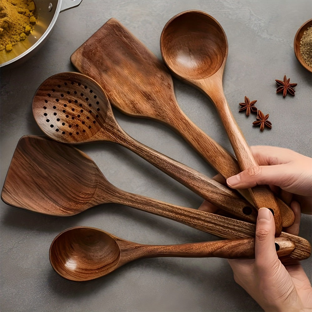 Wooden Kitchen Utensils Set 3/5/7Pcs – Natural Wood Spoons, Spurtle, Ladle & Wok Spatulas for Non-Stick Pans | Heat Resistant, Ergonomic Handle, Easy to Clean