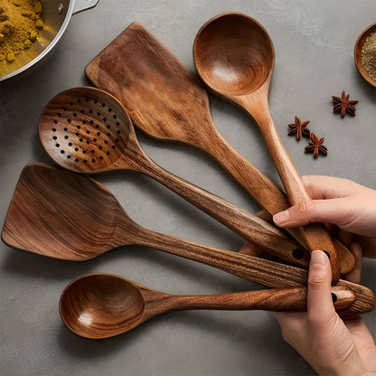 Wooden Kitchen Utensils Set 3/5/7Pcs – Natural Wood Spoons, Spurtle, Ladle & Wok Spatulas for Non-Stick Pans | Heat Resistant, Ergonomic Handle, Easy to Clean