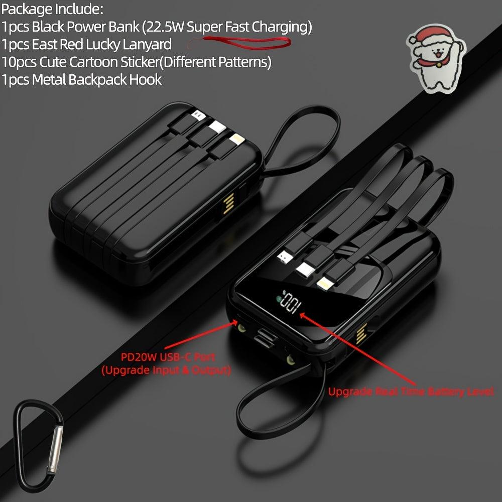 Power Bank 10000mAh Mini with Built-In Cable Set, 5W/15W/22.5W Options, Display and LED Light