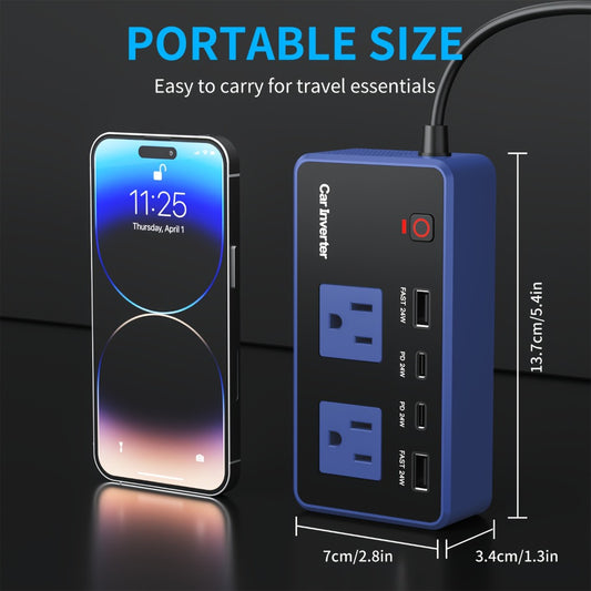 200W Car Power Inverter DC 12V to 110V AC Outlet + USB-C & USB-A 4.8A 24W, Car Plug Adapter Converter for Laptop Camping Travel Road Trip – Black / Blue