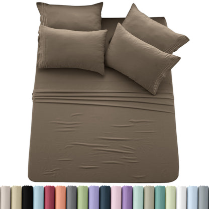 Sheet Set, Six-Piece Brushed Polyester Bedding with 16-Inch Fitted Pocket, Four Pillowcases and Twenty Colors