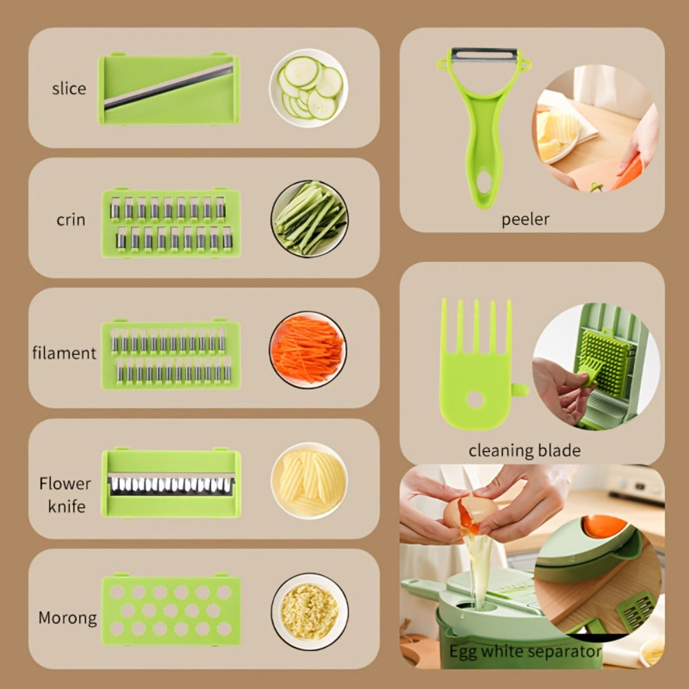 16-in-1 Green Vegetable Chopper with Round Container, Grid Dicing Plates, Slicer, Grater and Peeler Pieces