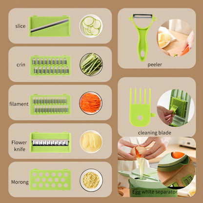16-in-1 Green Vegetable Chopper with Round Container, Grid Dicing Plates, Slicer, Grater and Peeler Pieces