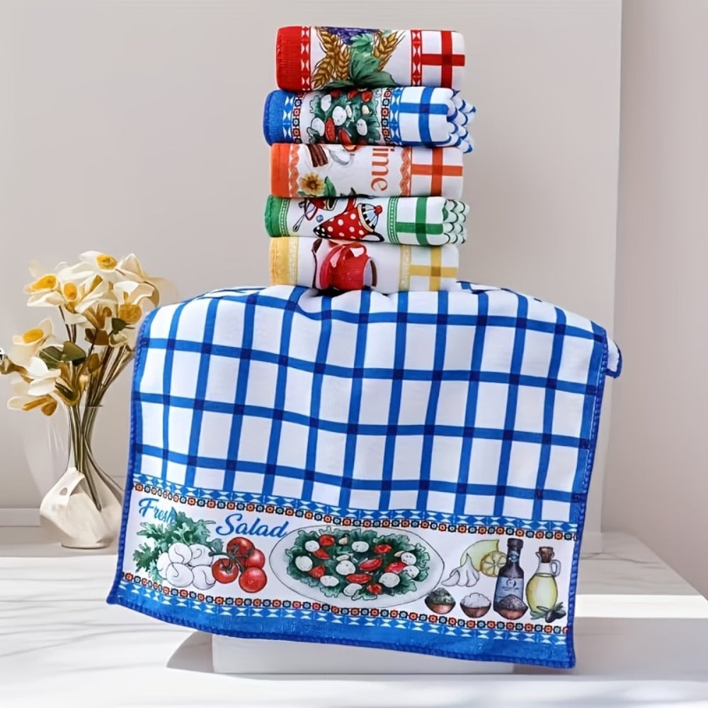 Six-Piece Printed Kitchen Towel Set, Approximately 60 x 40cm Each in Combination A or B Designs