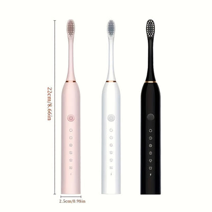 Electric Toothbrush Set with Eight Brush Heads, USB Charging, Soft Bristles and Pink, White or Black Handle