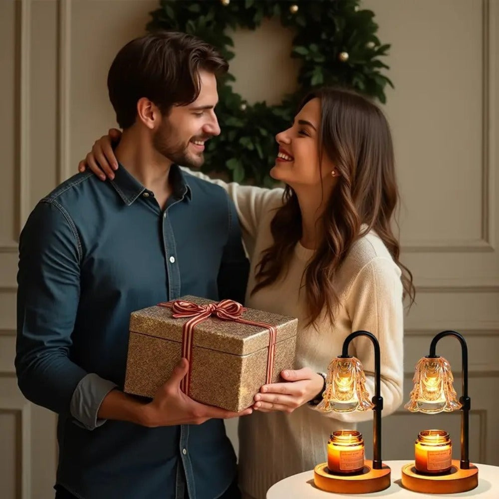 Two-Pack Gold Candle Warmer Lamps with Fluted Glass Shades, Wood-Look Bases and Adjustable 10.6–35 cm Posts