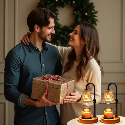 Two-Pack Gold Candle Warmer Lamps with Fluted Glass Shades, Wood-Look Bases and Adjustable 10.6–35 cm Posts