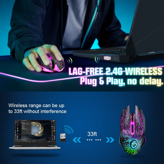 RGB Wireless Gaming Mouse Rechargeable Silent Click Colorful LED Lights 2.4G USB Nano Receiver USB-C Charging PC Mac Laptop Desktop Chromebook Black White Pink
