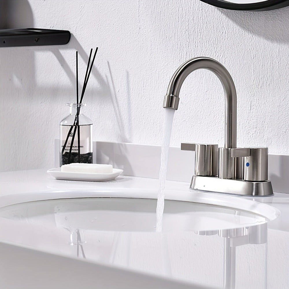 Bathroom Faucet 4-Inch 2-Handle Centerset – 360° Swivel Spout, Pop-Up Drain & Supply Lines Included, 2-3 Hole Vanity Sink Faucet for RV & Home, Brushed Gold, Matte Black, Nickel & Chrome