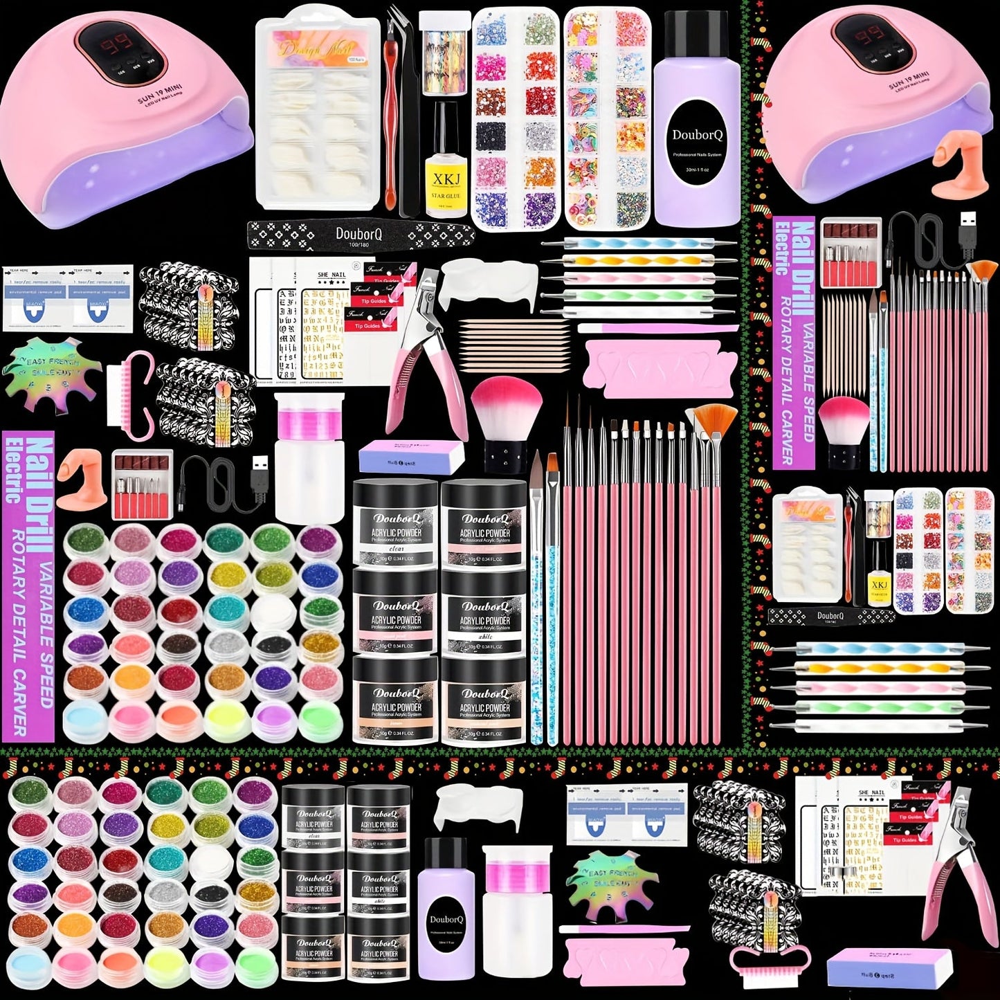 Acrylic Nail Kit with 36W UV LED Lamp, Electric Drill, Three Powders, Glitter Colors, Tips and Manicure Tools