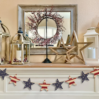Patriotic Wooden Wreath 4th of July, Red White & Blue Rustic Stars & Flags Decor for Independence Day