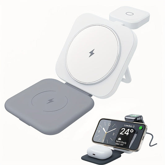 Foldable Travel 3-in-1 Wireless Charging Station 15W – Fast Charge for iPhone 17 16 15 14 13 12 Pro Max Plus, Apple Watch Ultra Series 9 8 7 6 5 4 3 2 1 SE & AirPods 4 3 2 Pro | Portable Black Charger