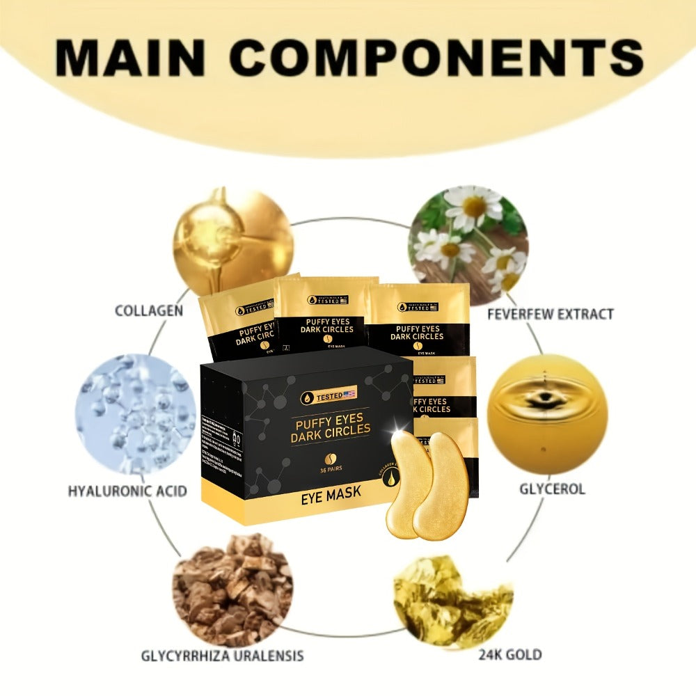 36-Pair Gold-Tone Under-Eye Patch Box with Individual Packs and Collagen, Glycerin and Hyaluronic Acid Wording