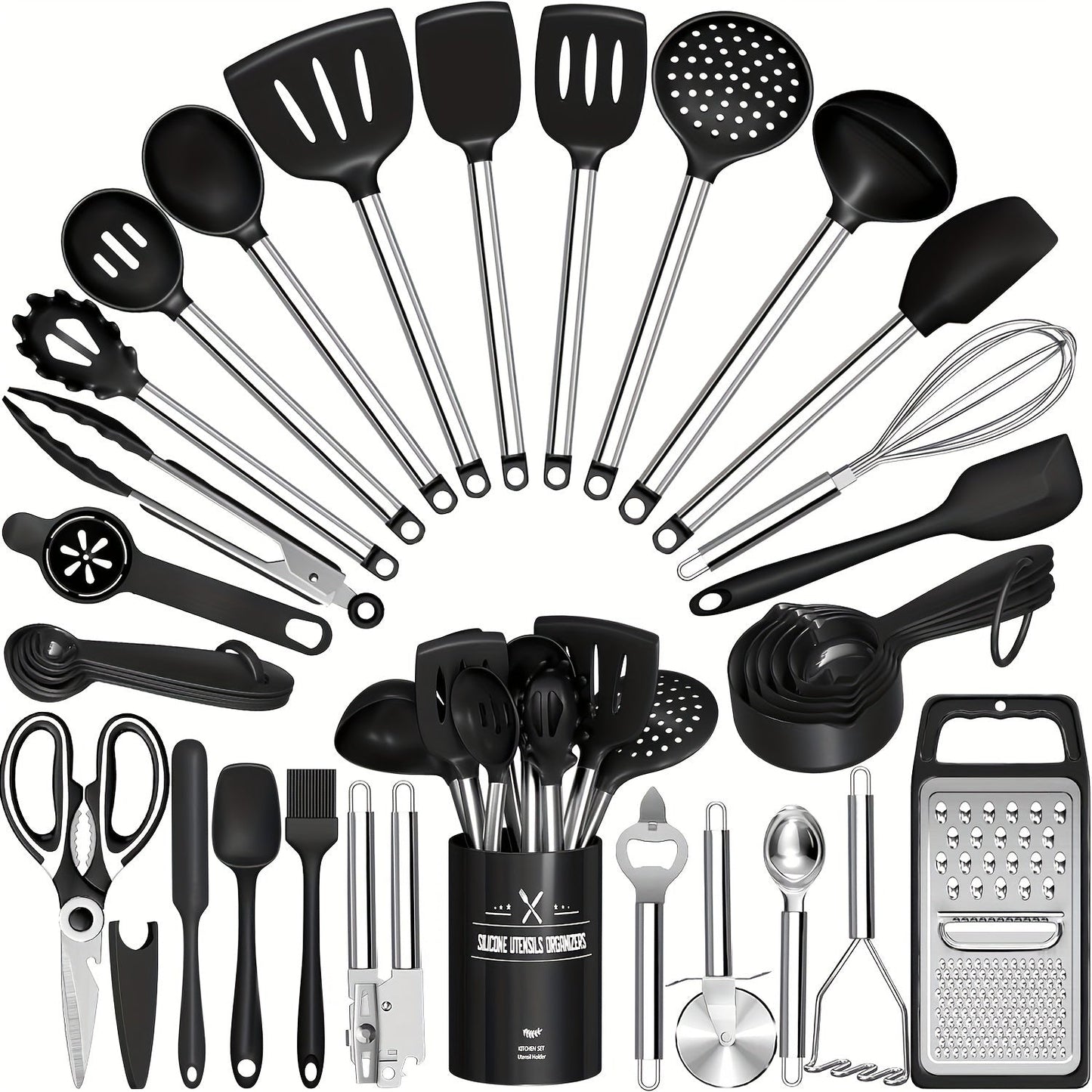 Silicone Cooking Utensils Set 34 Piece with Stainless Steel Handle, Heat Resistant Kitchen Gadgets Tools for Nonstick Cookware, Spatulas Spoons Tongs Whisk Complete Kitchen Accessories Gift Set