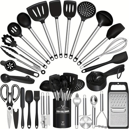 Silicone Cooking Utensils Set 34 Piece with Stainless Steel Handle, Heat Resistant Kitchen Gadgets Tools for Nonstick Cookware, Spatulas Spoons Tongs Whisk Complete Kitchen Accessories Gift Set