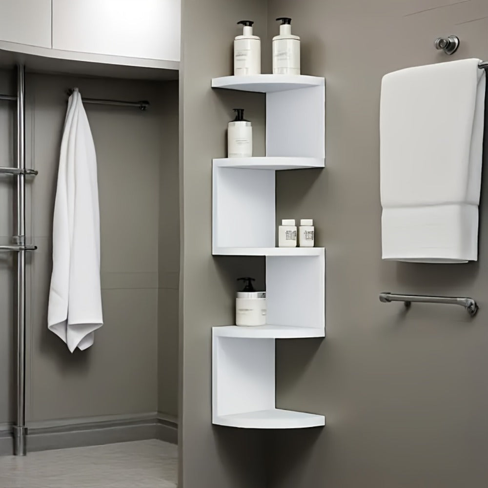 5-Tier Wall-Mounted Corner Shelf – Space-Saving Floating Storage Organizer in White Acrylic for Bathroom, Living Room, Bedroom, Kitchen & Office, Decorative Corner Rack & Versatile Room Organizer