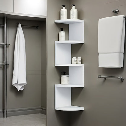 5-Tier Wall-Mounted Corner Shelf – Space-Saving Floating Storage Organizer in White Acrylic for Bathroom, Living Room, Bedroom, Kitchen & Office, Decorative Corner Rack & Versatile Room Organizer