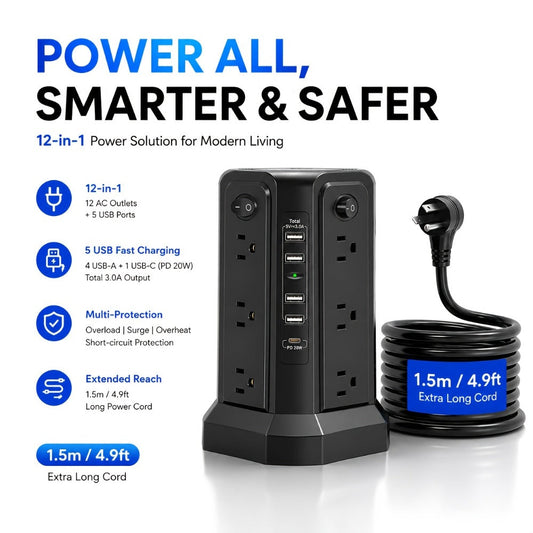 Power Strip Tower with 12–16 AC Outlets, 4 USB-A, PD 20W USB-C and 1500J Surge Protection for Home Office Charging