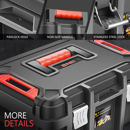Tool Box Set 2-Piece Lockable - Large Capacity Portable Toolbox Organizer with Removable Tray, Double Lock Buckle, Hard Plastic, 17" x 13" x 18.5" - For Workshop, Garage, Car Trunk & Household Storage