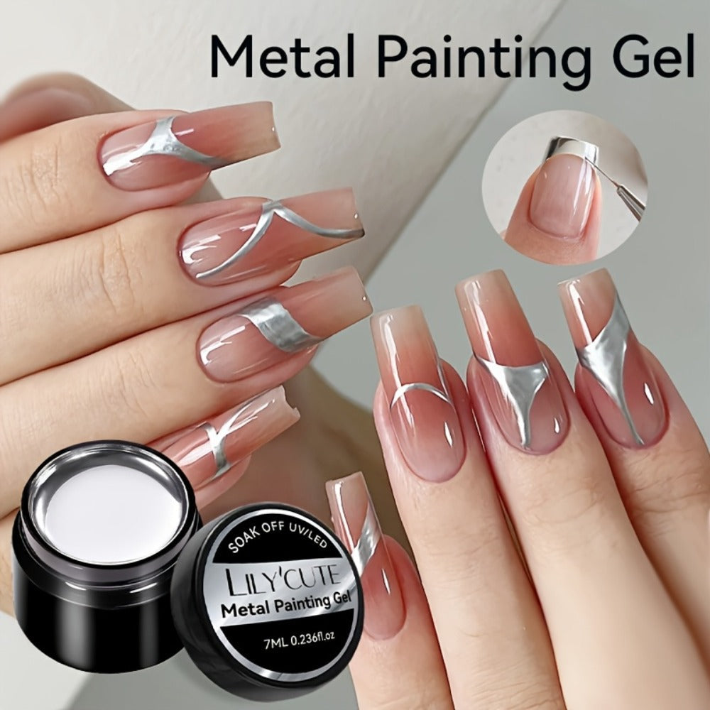 Metallic Silver Nail Art Painting Gel in 7ml LILYCUTE Jar with Fine Detail Brush for Lines and Floral Patterns