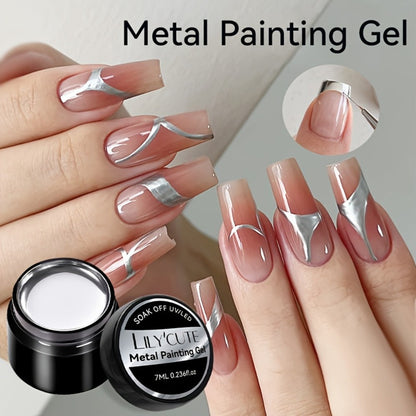 Metallic Silver Nail Art Painting Gel in 7ml LILYCUTE Jar with Fine Detail Brush for Lines and Floral Patterns
