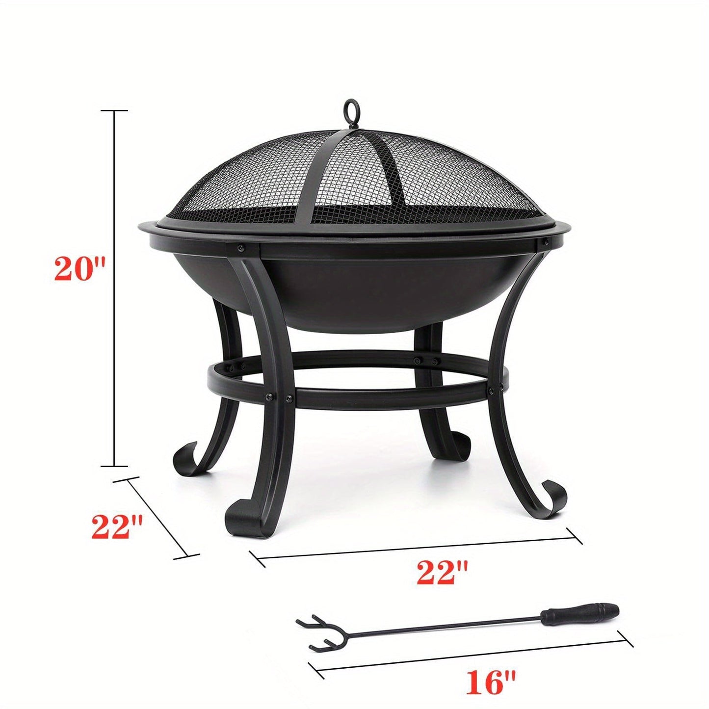 22-Inch Round Fire Pit with Domed Mesh Cover, Inner Log Grate, Four-Leg Stand and Long Poker