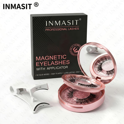 INMASIT Magnetic False Eyelashes Set with Round Storage Case and Applicator in Black or Pink