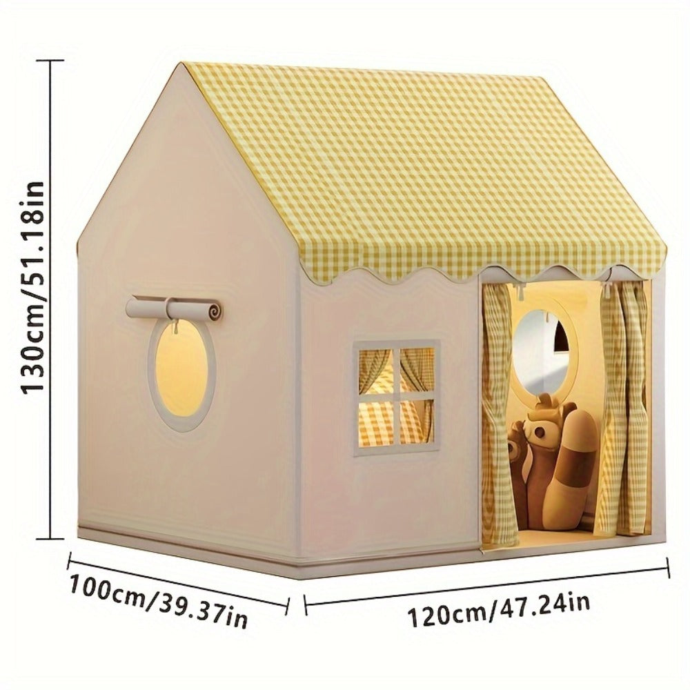 Checked Cabin Kids Play Tent in Pink, Khaki or Yellow with 130 x 120 x 100cm House Frame and Scalloped Roof