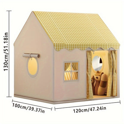 Checked Cabin Kids Play Tent in Pink, Khaki or Yellow with 130 x 120 x 100cm House Frame and Scalloped Roof