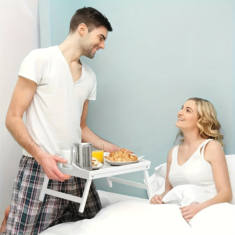 Bamboo Breakfast Tray with Folding Legs & Handles 2 Pack – Extra Wide Foldable Bed Tray Table for Eating, Working & Drawing on Sofa or Bed, Food-Safe Natural Bamboo with 10 Paper Plates