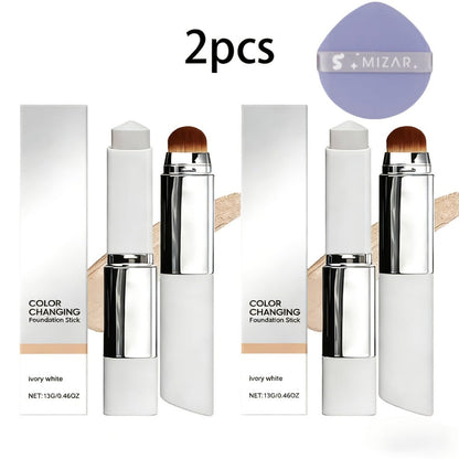 Two-Piece Color-Adapting Foundation Stick Set with Built-In Brush, Puff and Three Shade Options