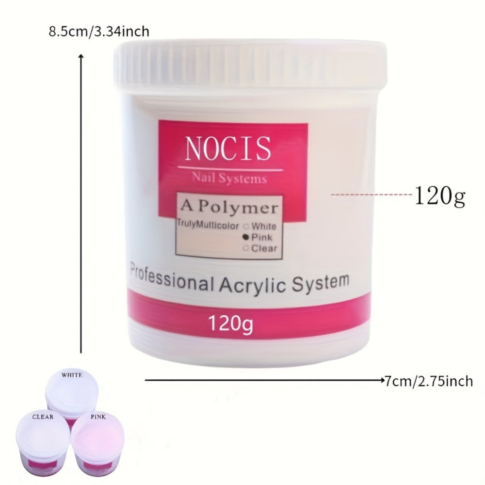 NOCIS 120g Acrylic Nail Powder Jar in White, Pink or Transparent Color for Use with Compatible Acrylic Liquid